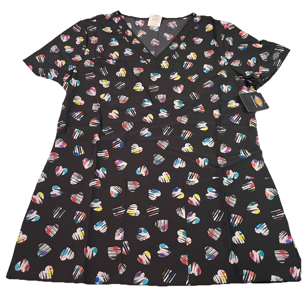 NWT Dickies Women's Medical Scrub Top Sz Small Heart Theme V- Neck